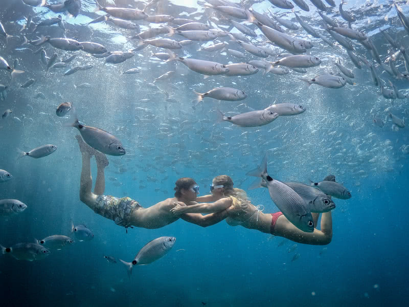 Two snorkelers immersed in the underwater world, surrounded by a diverse array of colorful fish near a sea cave